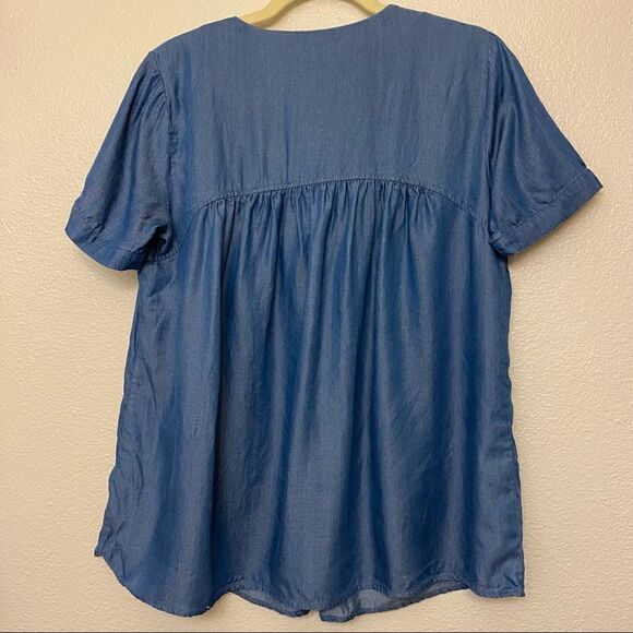 Ro + De blue Chambray blue Tie Neck Tencel Top coastal beachy lagenlook S - Picture 3 of 8